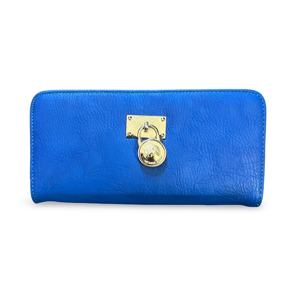 Michael Kors Hamilton Zip Around Wallet Cobalt Blue Pebbled Leather Gold Padlock